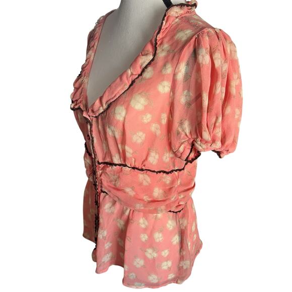 Odille Silk Pink Floral Ruffle Button Blouse Womens Medium Romantic Y2K Anthro - Picture 4 of 7